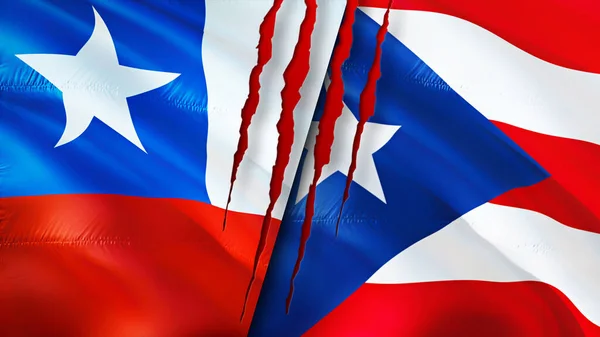 チリとプエルトリコは傷の概念で旗を翻す 旗を振って3Dレンダリング チリとプエルトリコの紛争の概念 チリプエルトリコ関係の概念 チリとプエルトリコの危機戦争攻撃の旗 — ストック写真