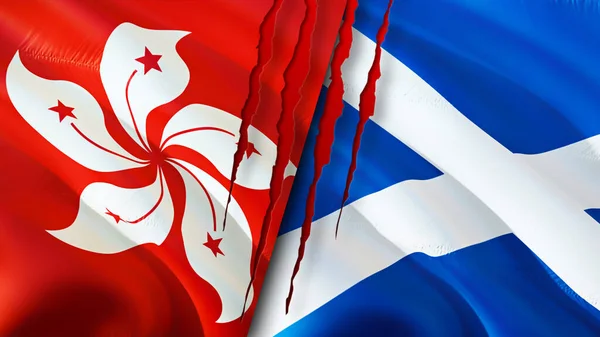 Hong Kong and Scotland flags with scar concept. Waving flag,3D rendering. Hong Kong and Scotland conflict concept. Hong Kong Scotland relations concept. flag of Hong Kong and Scotland crisis,war