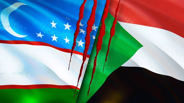 Uzbekistan and Sudan flags with scar concept. Waving flag,3D rendering. Uzbekistan and Sudan conflict concept. Uzbekistan Sudan relations concept. flag of Uzbekistan and Sudan crisis,war, attac