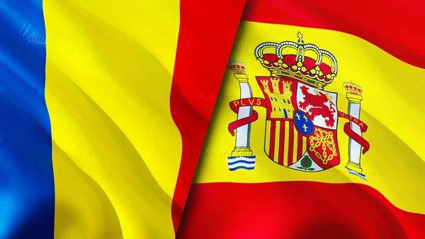 Romania and Spain flags. 3D Waving flag design. Romania Spain flag, picture, wallpaper. Romania vs Spain image,3D rendering. Romania Spain relations alliance and Trade,travel,tourism concep