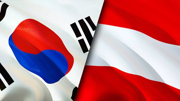 South Korea and Austria flags. 3D Waving flag design. South Korea Austria flag, picture, wallpaper. South Korea vs Austria image,3D rendering. South Korea Austria relations alliance an