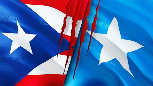 Bandeiras Porto Rico Somália Com Conceito Cicatriz Bandeira Ondulada Renderização — Fotografia de Stock