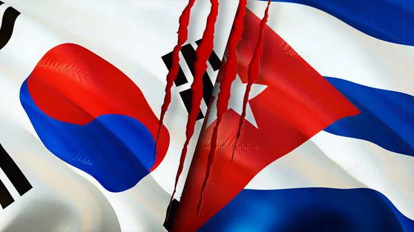 한국과 쿠바의 국기에는 흉터가 웨이브 플래그 렌더링 대한민국과 쿠바간의 분쟁이다 — 스톡 사진