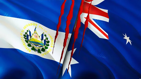 El Salvador and Australia flags with scar concept. Waving flag 3D rendering. El Salvador and Australia conflict concept. El Salvador Australia relations concept. flag of El Salvador and Australi