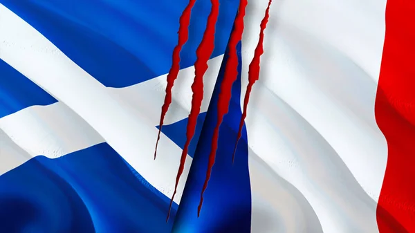Scotland and France flags with scar concept. Waving flag,3D rendering. Scotland and France conflict concept. Scotland France relations concept. flag of Scotland and France crisis,war, attack concep