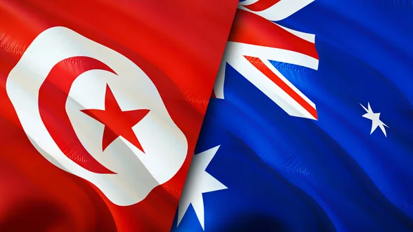 Tunisia and Australia flags. 3D Waving flag design. Tunisia Australia flag, picture, wallpaper. Tunisia vs Australia image,3D rendering. Tunisia Australia relations alliance and Trade,travel,touris