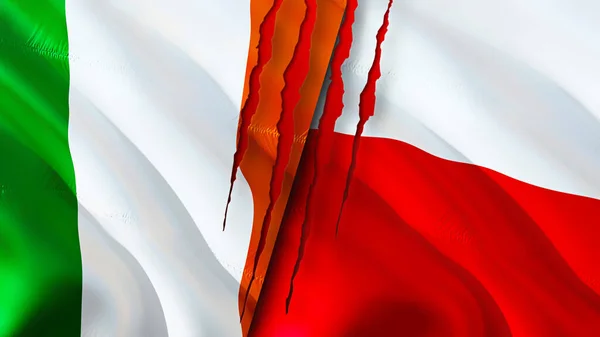 Ireland and Poland flags with scar concept. Waving flag 3D rendering. Ireland and Poland conflict concept. Ireland Poland relations concept. flag of Ireland and Poland crisis,war, attack concep