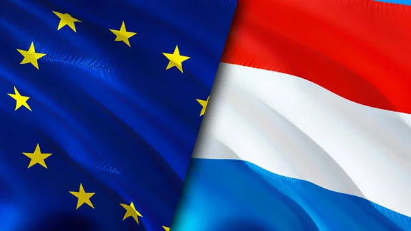 European Union and Luxembourg flags. 3D Waving flag design. European Union Luxembourg flag, picture, wallpaper. European Union vs Luxembourg image,3D rendering. European Union Luxembourg relation
