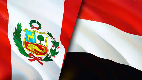 秘鲁和也门的国旗 3D波浪旗帜设计 秘鲁也门国旗 秘鲁对也门图像 3D渲染 秘鲁也门关系联盟与贸易 — 图库照片