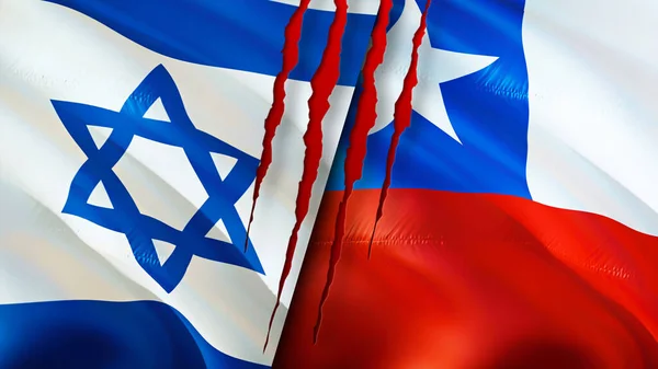 Israel and Chile flags with scar concept. Waving flag,3D rendering. Israel and Chile conflict concept. Israel Chile relations concept. flag of Israel and Chile crisis,war, attack concep