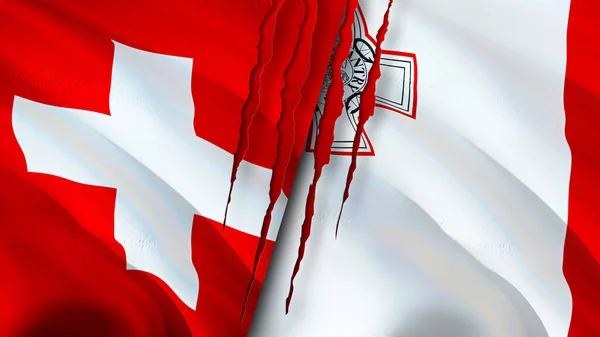 Schweiz Och Malta Flaggor Med Ärr Koncept Viftar Med Flaggan — Stockfoto
