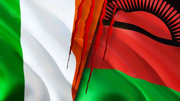 Ierland Malawi Vlaggen Met Litteken Concept Wuivende Vlag Rendering Conflictconcept — Stockfoto