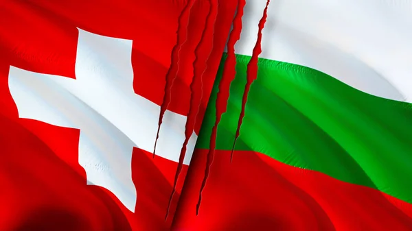 Switzerland and Bulgaria flags with scar concept. Waving flag,3D rendering. Switzerland and Bulgaria conflict concept. Switzerland Bulgaria relations concept. flag of Switzerland and Bulgari