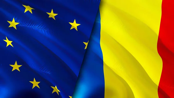 Σημαίες Ευρωπαϊκής Ένωσης Και Ρουμανίας Σχεδιασμός Τρισδιάστατης Κυματιστή Σημαίας Ευρωπαϊκή — Φωτογραφία Αρχείου