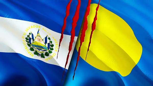 Флаги Сальвадора Палау Шрамом Трехмерный Рендеринг Флага Концепция Конфликта Сальвадоре — стоковое фото
