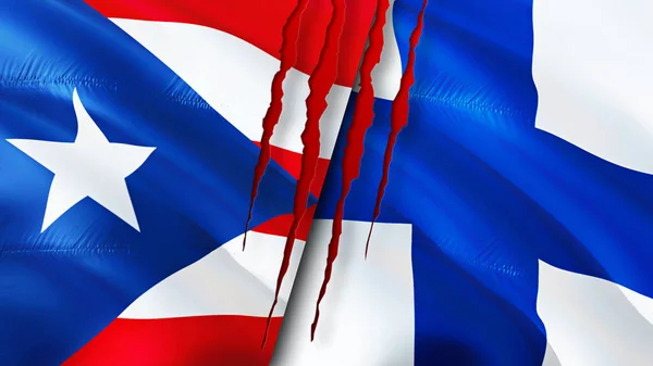 Banderas Puerto Rico Finlandia Con Concepto Cicatriz Bandera Ondeante Representación — Foto de Stock