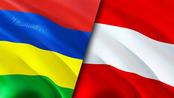 Mauritius and Austria flags. 3D Waving flag design. Mauritius Austria flag, picture, wallpaper. Mauritius vs Austria image,3D rendering. Mauritius Austria relations alliance and Trade,travel,touris