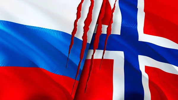 Russia and Norway flags with scar concept. Waving flag,3D rendering. Russia and Norway conflict concept. Russia Norway relations concept. flag of Russia and Norway crisis,war, attack concep