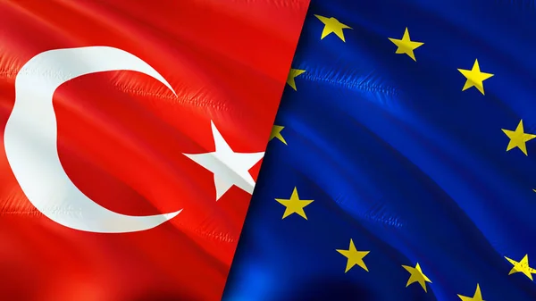 Turkey and European Union flags. 3D Waving flag design. Turkey European Union flag, picture, wallpaper. Turkey vs European Union image,3D rendering. Turkey European Union relations alliance an