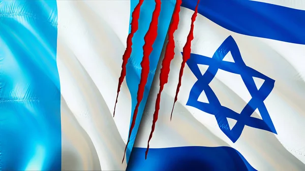 Guatemala and Israel flags with scar concept. Waving flag 3D rendering. Guatemala and Israel conflict concept. Guatemala Israel relations concept. flag of Guatemala and Israel crisis,war, attac