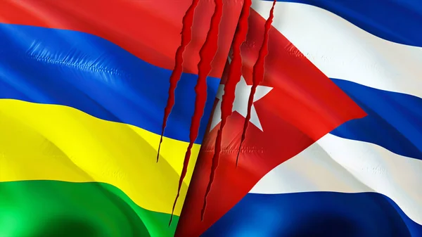 Mauritius and Cuba flags with scar concept. Waving flag,3D rendering. Mauritius and Cuba conflict concept. Mauritius Cuba relations concept. flag of Mauritius and Cuba crisis,war, attack concep
