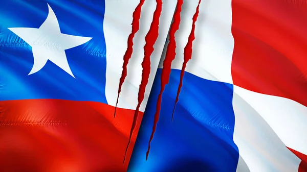 チリとパナマは傷の概念で旗を翻す 旗を振って3Dレンダリング チリとパナマの紛争の概念 チリパナマ関係の概念 チリとパナマの危機戦争攻撃コンプ — ストック写真