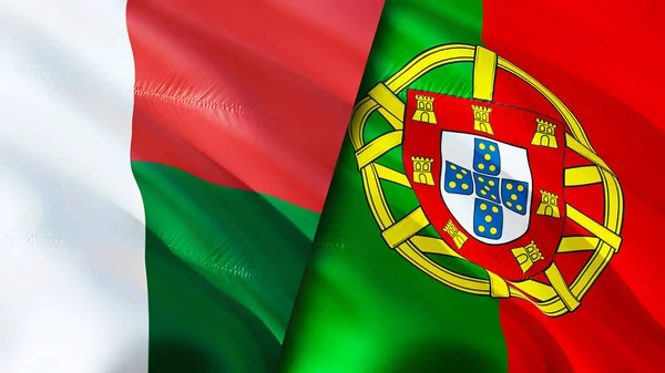 马达加斯加和葡萄牙的国旗 3D波浪旗帜设计 马达加斯加葡萄牙国旗 马达加斯加对葡萄牙的图像 3D渲染 马达加斯加葡萄牙关系联盟 — 图库照片