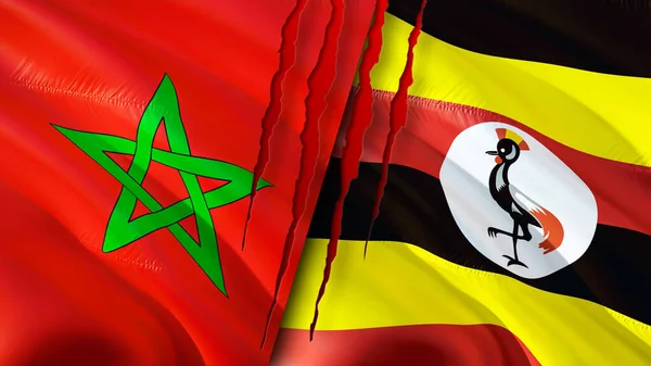 Banderas Marruecos Uganda Con Concepto Cicatriz Bandera Ondeante Representación Marruecos — Foto de Stock