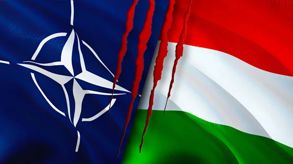 NATO and Hungary flags with scar concept. Waving flag,3D rendering. Hungary and NATO conflict concept. NATO Hungary relations concept. flag of NATO and Hungary crisis,war, attack concep