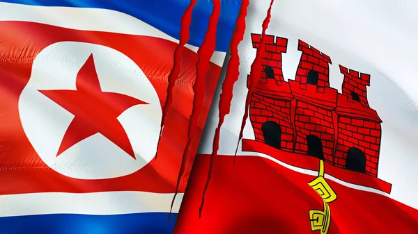 North Korea and Gibraltar flags with scar concept. Waving flag,3D rendering. North Korea and Gibraltar conflict concept. North Korea Gibraltar relations concept. flag of North Korea and Gibralta