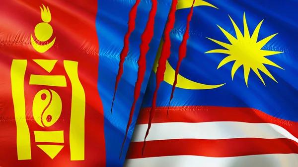 Mongolia Malesia Bandiere Con Concetto Cicatrice Bandiera Sventolante Rendering Mongolia — Foto Stock