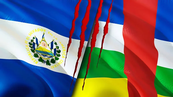 エルサルバドルと中央アフリカ共和国は傷の概念で旗を掲げている 旗3Dレンダリングを振ってください エルサルバドルと中央アフリカ共和国の対立概念 エルサルバドル 中央アフリカ共和国関係 — ストック写真