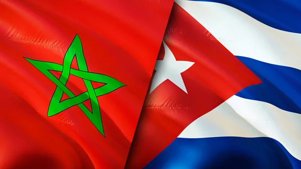 Morocco and Cuba flags. 3D Waving flag design. Morocco Cuba flag, picture, wallpaper. Morocco vs Cuba image,3D rendering. Morocco Cuba relations alliance and Trade,travel,tourism concep
