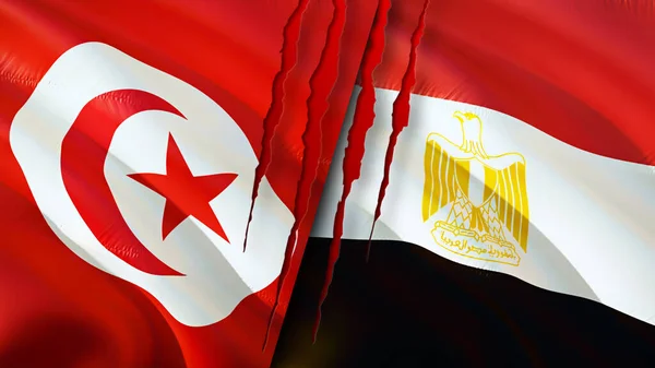 Tunisia and Egypt flags with scar concept. Waving flag,3D rendering. Tunisia and Egypt conflict concept. Tunisia Egypt relations concept. flag of Tunisia and Egypt crisis,war, attack concep