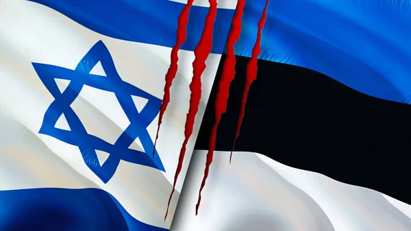以色列和爱沙尼亚的国旗上有伤疤的概念 飘扬的旗帜 3D渲染 以色列和爱沙尼亚冲突概念 以色列爱沙尼亚关系概念 以色列和爱沙尼亚国旗危机 — 图库照片