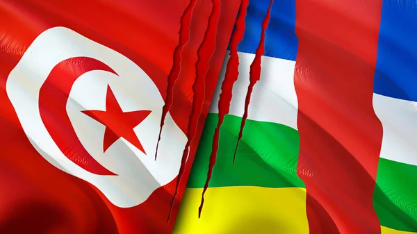 Tunisia and Central African Republic flags with scar concept. Waving flag,3D rendering. Tunisia and Central African Republic conflict concept. Tunisia Central African Republic relations concept