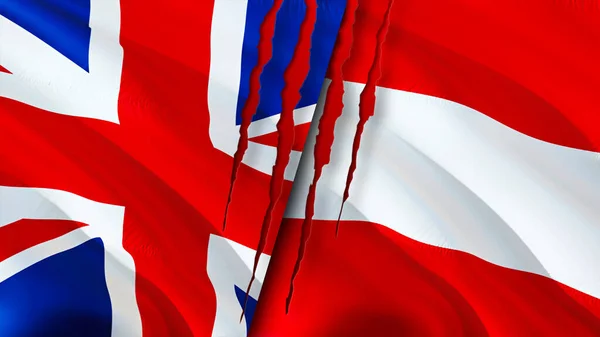 イギリスとオーストリアは傷の概念でフラグを立てます 旗を振って3Dレンダリング イギリスとオーストリアの紛争の概念 イギリスオーストリア関係の概念 イギリスの国旗 — ストック写真