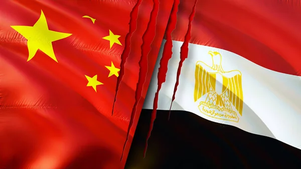 China and Egypt flags with scar concept. Waving flag,3D rendering. China and Egypt conflict concept. China Egypt relations concept. flag of China and Egypt crisis,war, attack concep