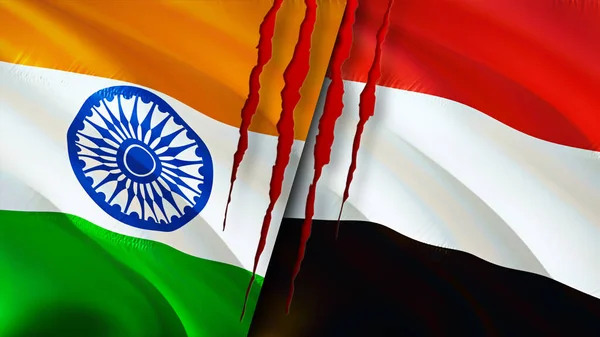 印度和也门的国旗上有疤痕的概念 飘扬的旗帜 3D渲染 印度和也门冲突概念 也门关系概念 印度和也门的国旗危机 — 图库照片