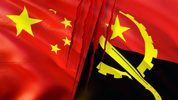 Bandeiras China Angola Com Conceito Cicatriz Bandeira Ondulada Renderização Conceito — Fotografia de Stock