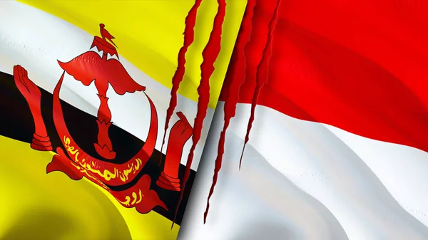 Флаги Брунея Монако Шрамом Флажок Рендеринг Концепция Конфликта Брунее Монако — стоковое фото
