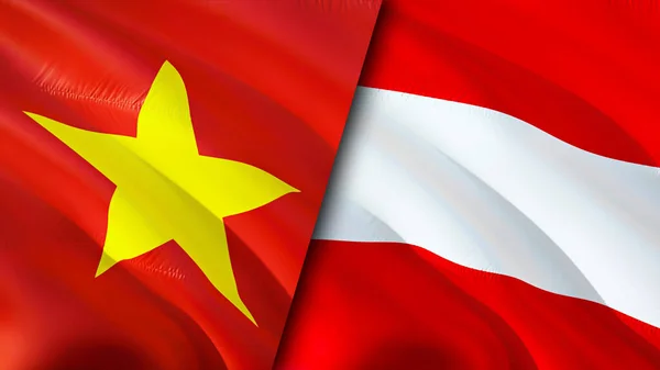 Vietnam and Austria flags with scar concept. Waving flag,3D rendering. Vietnam and Austria conflict concept. Vietnam Austria relations concept. flag of Vietnam and Austria crisis,war, attack concep