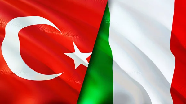 Turkey and Italy flags. 3D Waving flag design. Turkey Italy flag, picture, wallpaper. Turkey vs Italy image,3D rendering. Turkey Italy relations alliance and Trade,travel,tourism concep