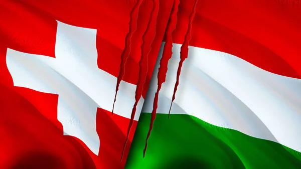 Switzerland and Hungary flags with scar concept. Waving flag,3D rendering. Switzerland and Hungary conflict concept. Switzerland Hungary relations concept. flag of Switzerland and Hungar