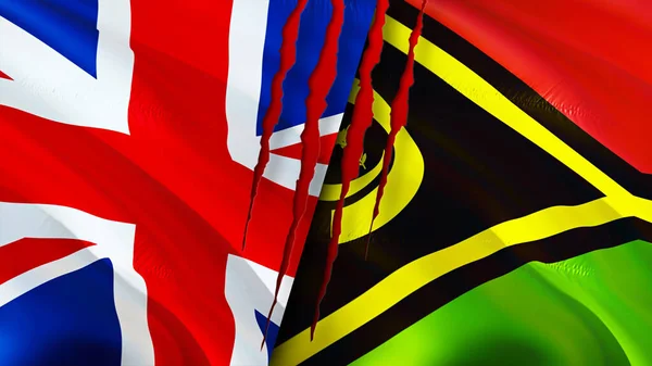 United Kingdom and Vanuatu flags with scar concept. Waving flag,3D rendering. United Kingdom and Vanuatu conflict concept. United Kingdom Vanuatu relations concept. flag of United Kingdom an