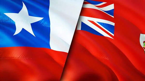 智利和百慕大的国旗 3D波浪旗帜设计 智利百慕大国旗 智利对百慕大图像 3D渲染 智利百慕大关系联盟与贸易 — 图库照片