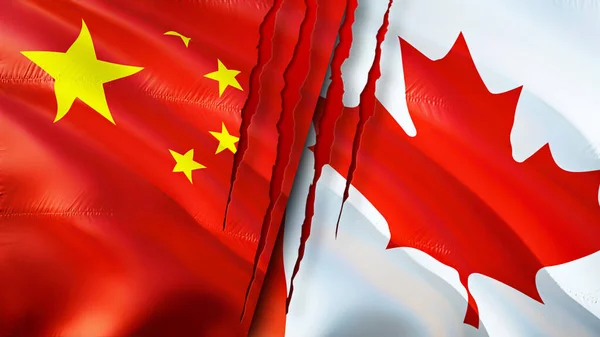 Banderas China Canadá Con Concepto Cicatriz Bandera Ondeante Representación Conflicto — Foto de Stock