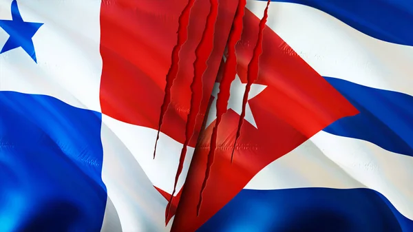 Banderas Panamá Cuba Con Concepto Cicatriz Bandera Ondeante Representación Concepto — Foto de Stock