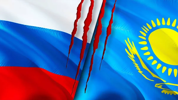 Russia and Kazakhstan flags with scar concept. Waving flag,3D rendering. Russia and Kazakhstan conflict concept. Russia Kazakhstan relations concept. flag of Russia and Kazakhstan crisis,war, attac