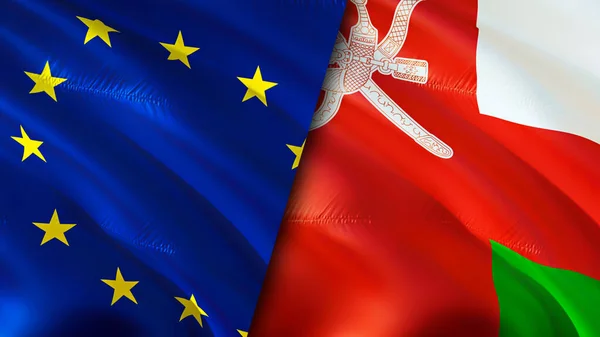 European Union and Oman flags. 3D Waving flag design. European Union Oman flag, picture, wallpaper. European Union vs Oman image,3D rendering. European Union Oman relations alliance an